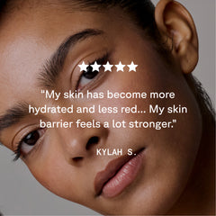 Close-up of a person's face with text about skin hydration and barrier strength.