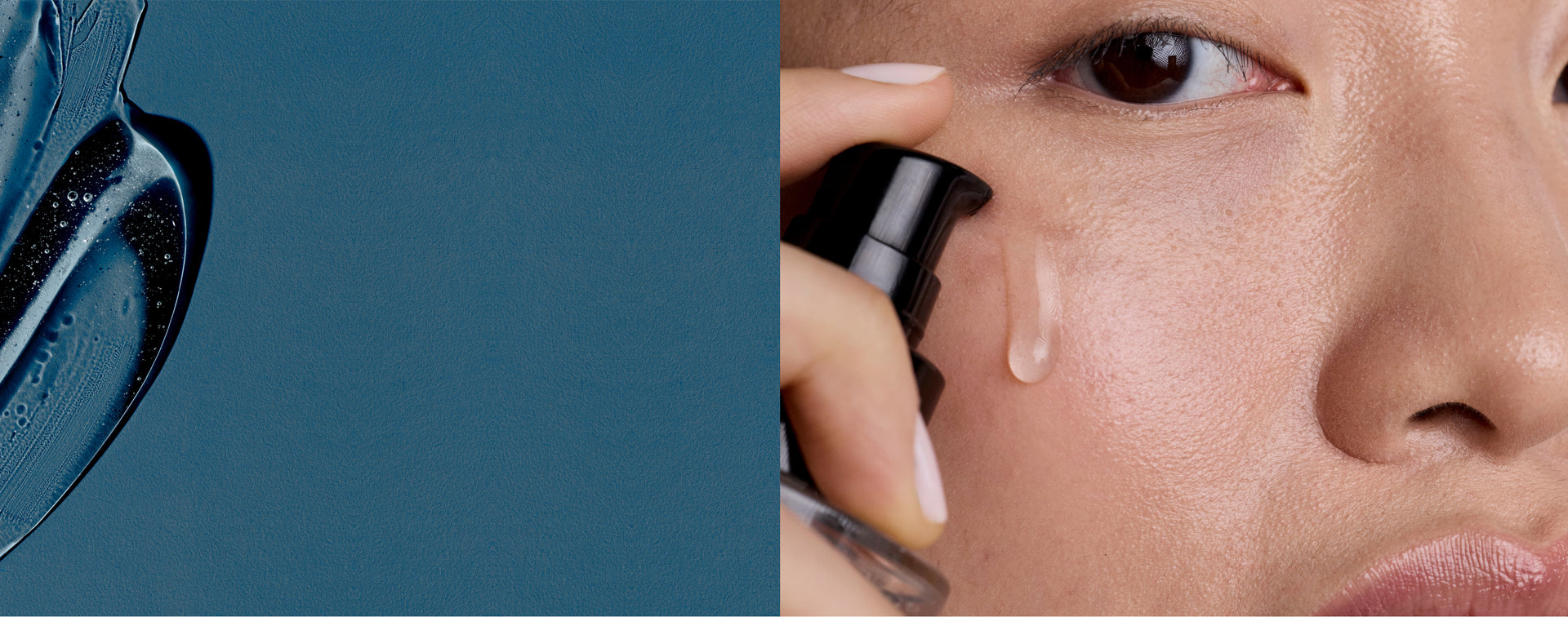 Close-up of a hand applying serum to a person's face with a blue background