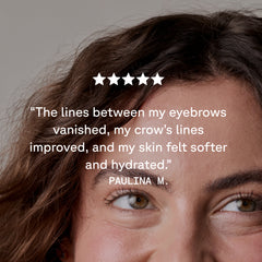 Close-up of a woman's face with text , featuring five stars.