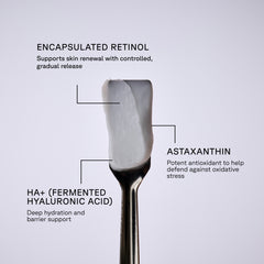 Skincare product with labeled ingredients on a light gray background