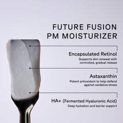 Spoonful of Future Fusion PM Moisturizer with labeled ingredients on a light gray background
