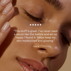 Close-up of a person's face with a product review text overlay.