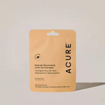 A packaged product labeled ACURE Radically Rejuvenating Under Eye Hydrogels, designed for soothing and rejuvenating the skin under the eyes.