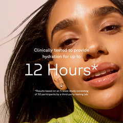 Close-up of a woman's face with text about product hydration duration.